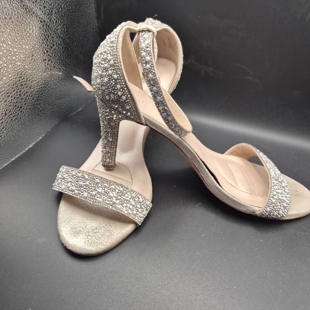 David's Bridal Champagne Glitter Crystal Ankle Strap Heels